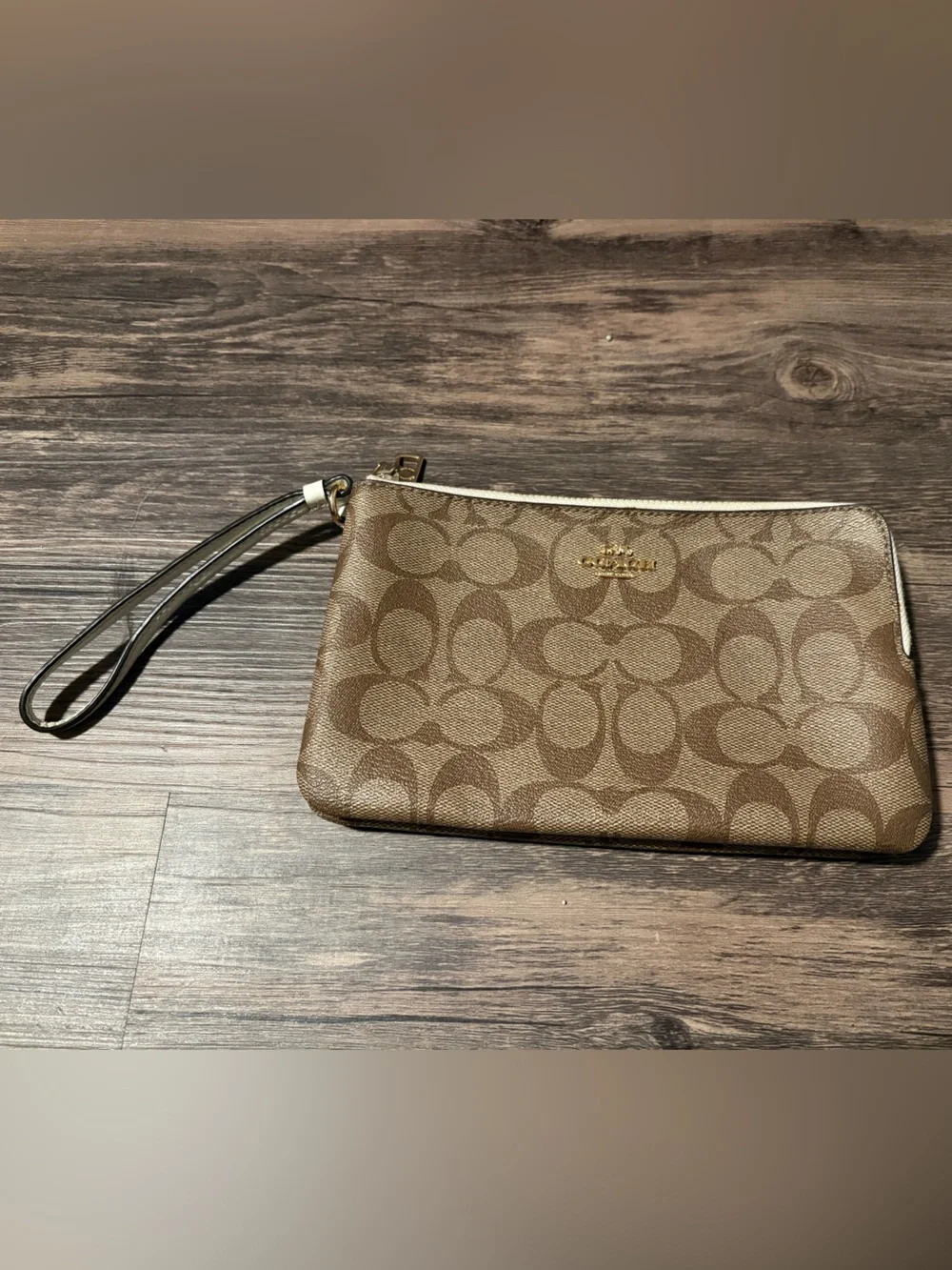 Coach Brown Signature Canvas Wristlet with Gold Logo